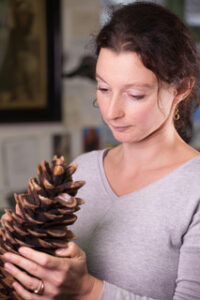 Portrait of artist helen Garrett contemplating a pine cone
