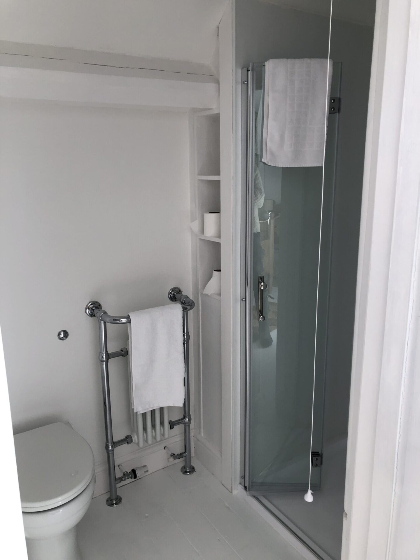 shower room with heated towel rail and WC