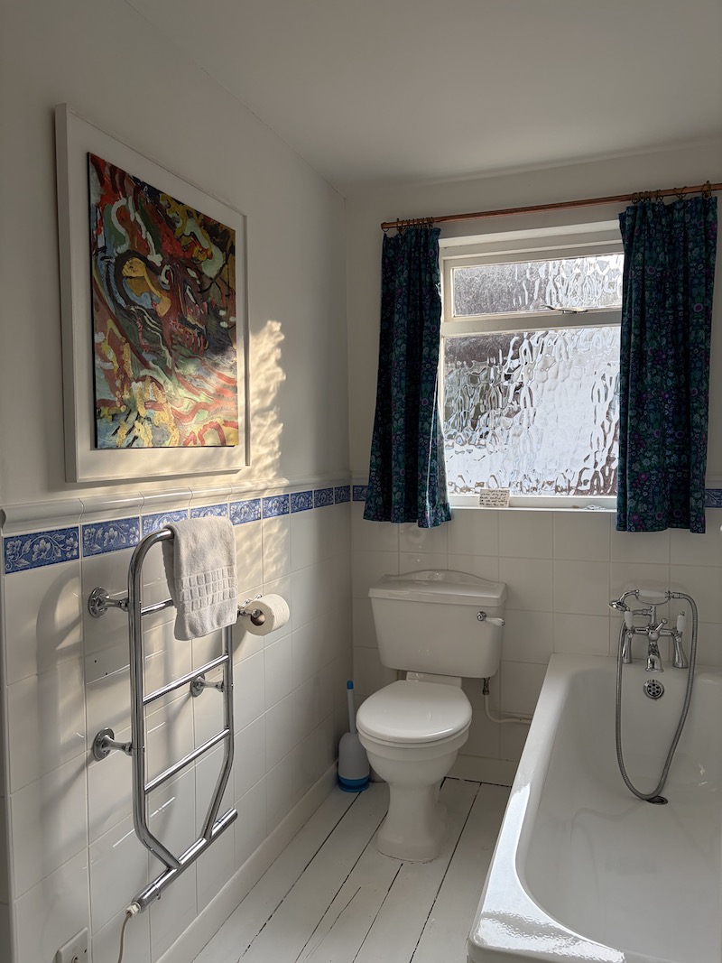 White bathroom with colourful modern picture